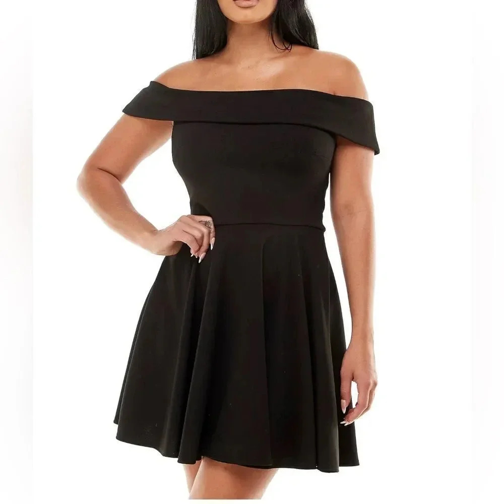 B Darlin Black Stretch Zippered Short Sleeve Off Shoulder Short Juniors 9/10